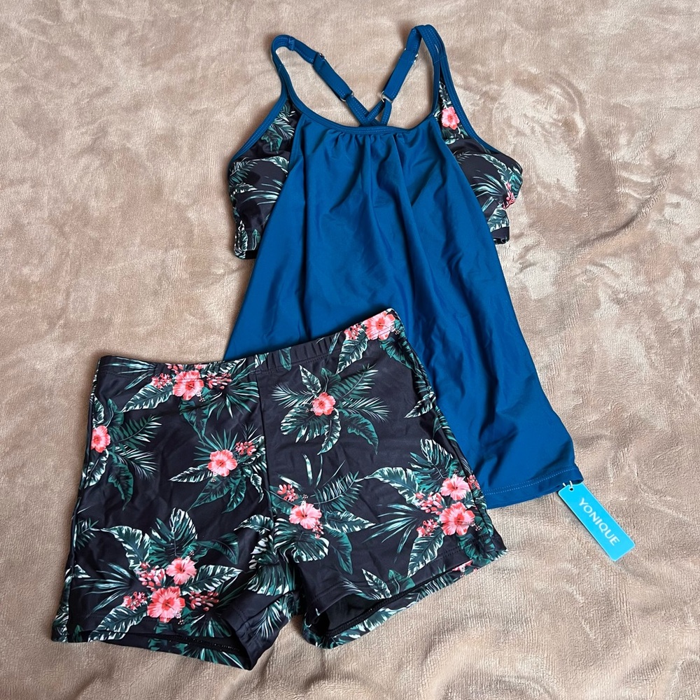 YONIQUE Blue and Black Tropical Athletic Tankini and Swim Shorts Set - Size S